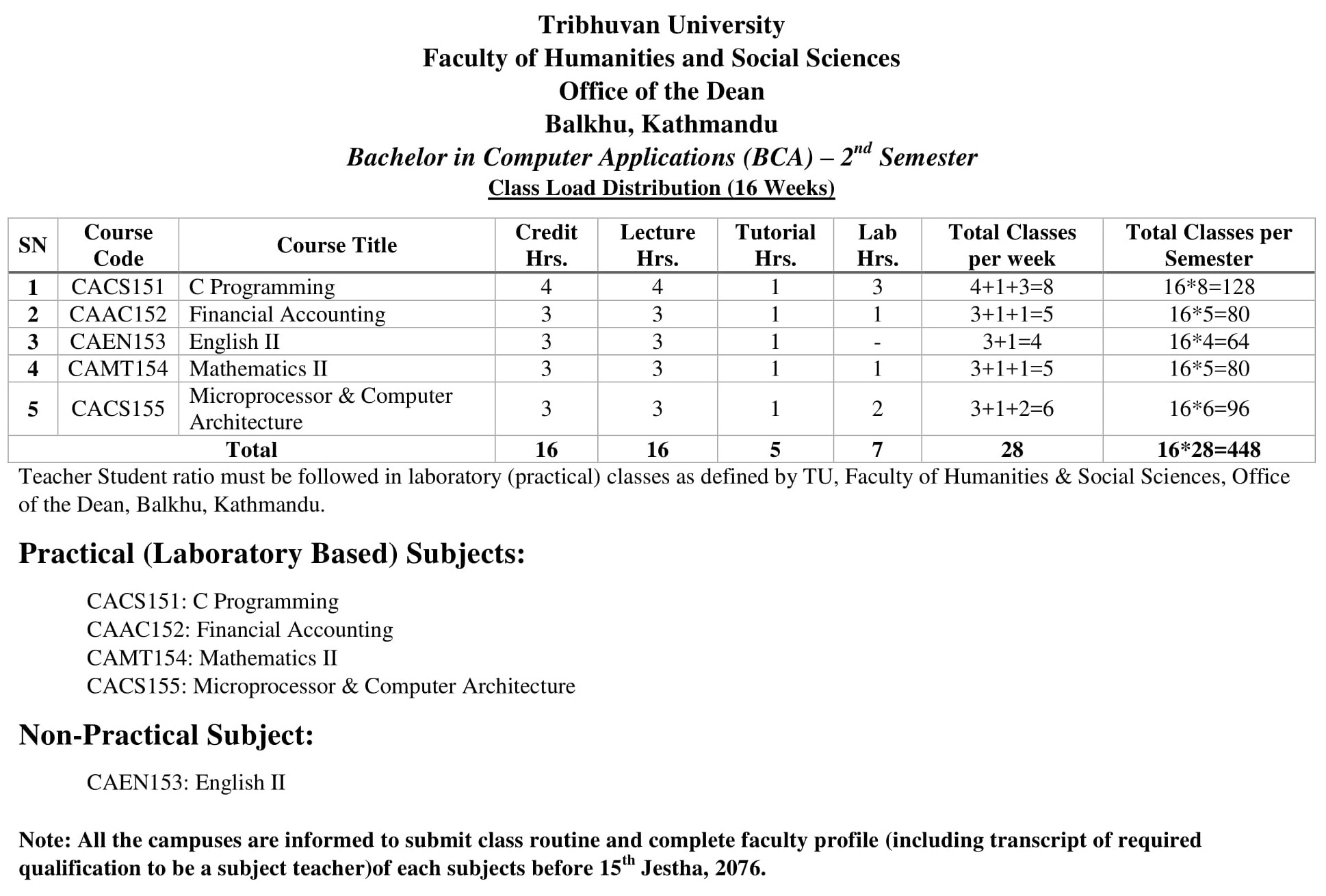 BCA Second Semester Academic Calendar 2076 Tribhuvan University